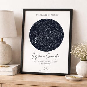 May include: Black framed print with a dark blue star map. The text "THE PLACES WE VISITED" is at the top. Below, the names "Jaycon & Samantha" are written in cursive, with the location and date below. The print is on a wooden surface.