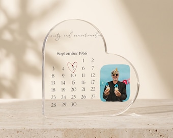 Personalised 60th Birthday Heart Acrylic Plaque, Custom Photo Calendar Gift, Sixty & Sensational Keepsake, 60th Birthday Gift for Her or Him