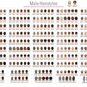 May include: A chart of 281 different male hairstyles, numbered and labeled with the text "Male Hairstyles".  The text "PLEASE NOTE: HIGHLIGHTS CANNOT BE CHANGED OR ADDED TO ANY OF THE HAIRSTYLES" is also included.