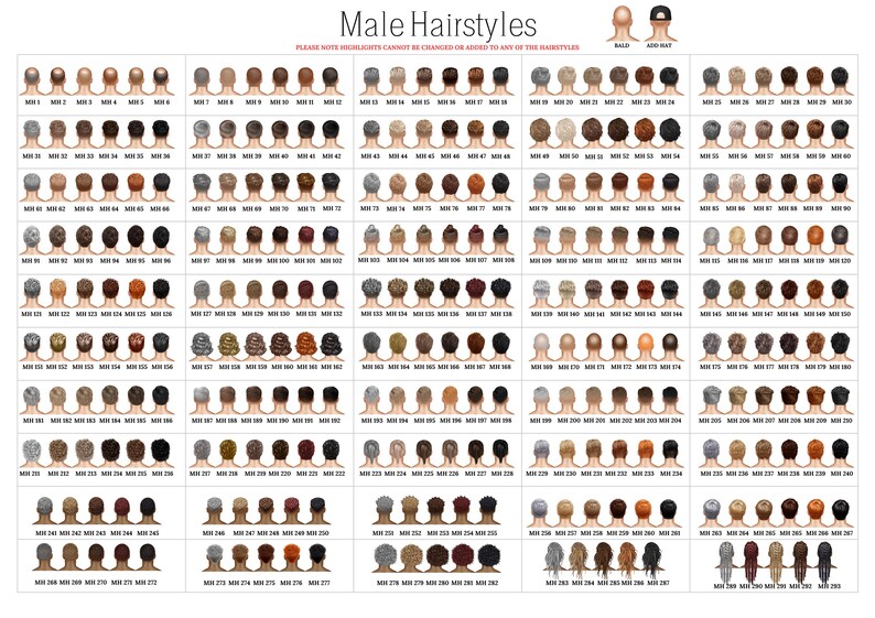 May include: A chart of 281 different male hairstyles, numbered and labeled with the text "Male Hairstyles".  The text "PLEASE NOTE: HIGHLIGHTS CANNOT BE CHANGED OR ADDED TO ANY OF THE HAIRSTYLES" is also included.