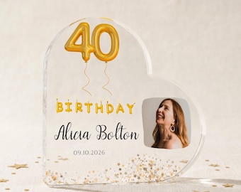 Custom Birthday Photo Heart Plaque, Personalised Acrylic Age Keepsake, Gold Balloon Name Gift for Mum Sister Friend
