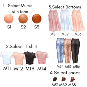 May include: A digital illustration of a customizable family portrait.  The image shows different options for skin tone, t-shirt colors, bottoms, and shoes.  The text in the image reads: "Select Mum's skin tone", "Select T-shirt", "Select Bottoms", and "Select shoes".
