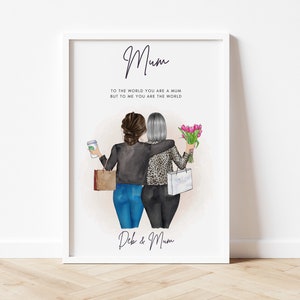 May include: A white framed print with a watercolor illustration of two women walking together. The text reads "Mum, To the world you are a mum but to me you are the world, Deb & Mum."