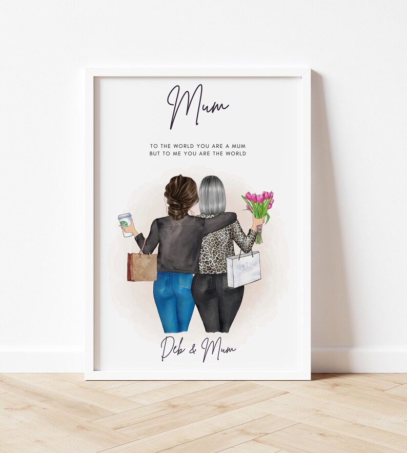 May include: A white framed print with a watercolor illustration of two women walking together. The text reads "Mum, To the world you are a mum but to me you are the world, Deb & Mum."