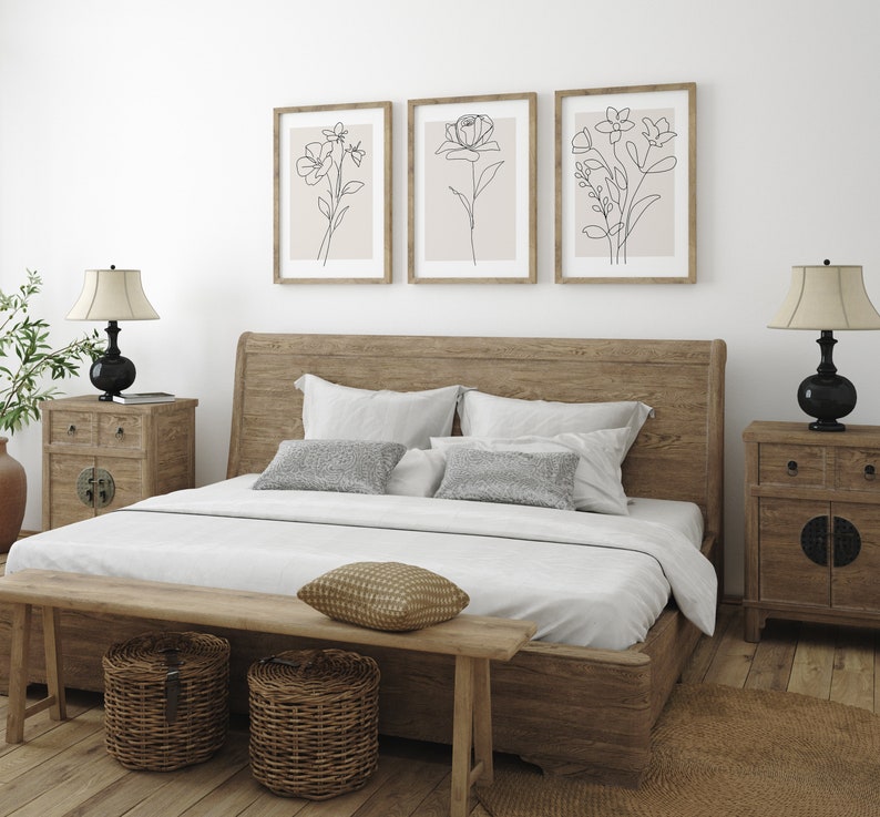 Neutral Wall Art Set of 3 Botanical Prints Plants Floral Line Art Beige Decor for Home Neutral Wall Decor with Flower Art in Beige Tones