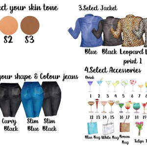 May include: A guide to creating a custom avatar with options for skin tone, jacket style, jeans shape and color, and accessories.  The options include blue, black, leopard print jackets, curvy or slim jeans in blue or black, and a variety of drinks, bags, flowers, and tools.