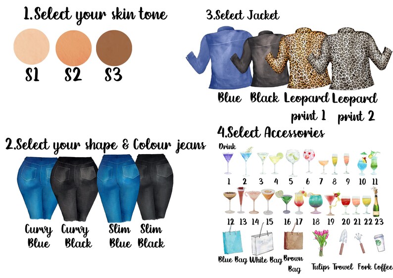 May include: A guide to creating a custom avatar with options for skin tone, jacket style, jeans shape and color, and accessories.  The options include blue, black, leopard print jackets, curvy or slim jeans in blue or black, and a variety of drinks, bags, flowers, and tools.