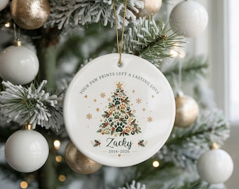 Personalised Pet Memorial Christmas Bauble, Paw Print Tree Decoration, Dog or Cat Remembrance Gift, Name and Dates