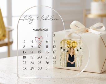 50th Birthday Acrylic Heart Plaque, Personalised Photo Gift, Custom Birth Date Calendar Keepsake, Fifty and Fabulous Milestone Gift for Her