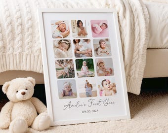 May include: A white framed photo collage featuring twelve baby photos. The collage is titled "Amelie's First Year" with the date 09.03.2024. A plush teddy bear sits to the left of the frame on a cream-colored rug.