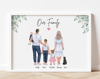 May include: A white framed illustration of a family of five standing with their backs to the viewer. The family includes a father, mother, two sons, and a daughter. The family is standing in front of a white background with green foliage on either side. The text "Our Family" is written at the top of the illustration. The names of each family member are written below the illustration.