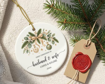 Personalised Husband & Wife Christmas Bauble, Newlywed First Christmas Ornament, Custom Names Wedding Keepsake, Couple Christmas Gift
