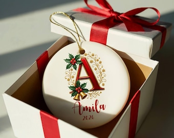 Personalised Christmas Initial Bauble, Custom Name Ornament, Holly Letter Christmas Tree Decoration, Family Xmas Keepsake Gift