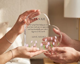 Personalised Tulip Heart Acrylic Plaque, Meaningful Appreciation Gift for Friend, Teacher or Colleague, Custom Name Keepsake