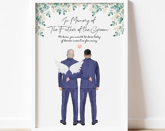 May include: A printable wedding sign with a watercolor illustration of two men in suits standing back to back. One man has angel wings. The text reads "In Memory of The Father of the Groom We know you would be here today if heaven wasn't so far away".