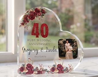 Cadeau personnalisé plaque coeur acrylique d'anniversaire de mariage rubis, souvenir 40e anniversaire pour couple, cadeau photo romantique pour maman et papa