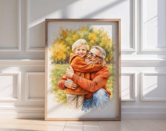 Personalised Grandpa Watercolour Portrait Print, Custom Grandad Photo Gift, Grandfather Wall Art, Framed Gift from Grandchildren Keepsake