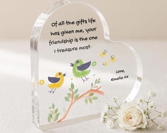 Personalised Best Friend Heart Plaque, Cute Bird Friendship Keepsake Gift, Custom Acrylic Block, Thank You Gift for Bestie