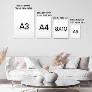 Puede incluir: Una pared blanca con cuatro marcos blancos de diferentes tama&ntilde;os. Los marcos est&aacute;n etiquetados con los tama&ntilde;os de papel est&aacute;ndar: A3 (297 x 420 mm), A4 (210 x 297 mm), 8x10 (203,2 x 203,2 mm) y A5 (148 x 210 mm).