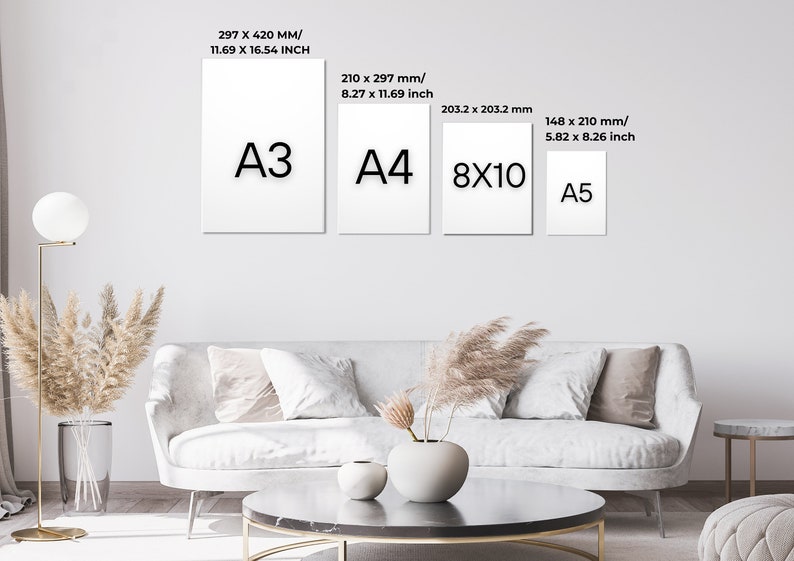 Puede incluir: Una pared blanca con cuatro marcos blancos de diferentes tama&ntilde;os. Los marcos est&aacute;n etiquetados con los tama&ntilde;os de papel est&aacute;ndar: A3 (297 x 420 mm), A4 (210 x 297 mm), 8x10 (203,2 x 203,2 mm) y A5 (148 x 210 mm).