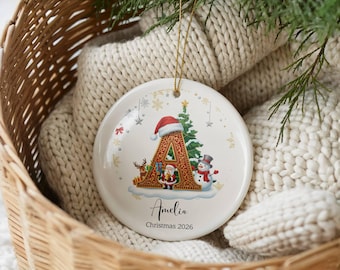 Personalised Monogram Ceramic Christmas Bauble, Custom Initial Name Ornament, Snowman Santa Keepsake, Kids Christmas Gift 2026