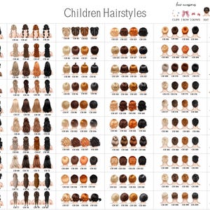 May include: A chart of 120 different children's hairstyles, numbered and labeled with the abbreviation "CH". The hairstyles are illustrated with cartoon images of girls with different hair colors and styles.