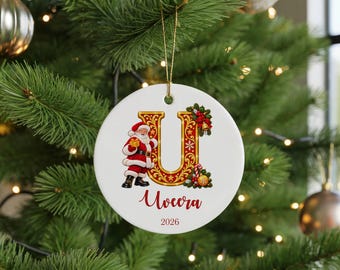Personalised Santa Initial Christmas Bauble, Custom Name and Year Ornament, Festive Letter Tree Decoration, Kids Xmas Keepsake Gift