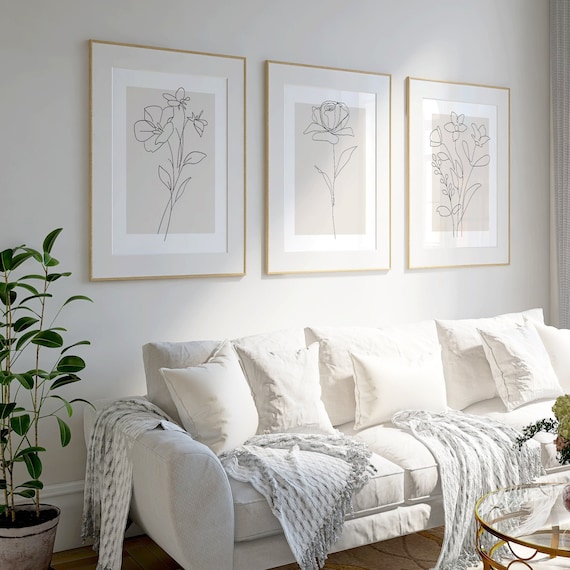 Neutral Wall Art Set of 3 Botanical Prints Plants Floral Line Art Beige Decor for Home Neutral Wall Decor with Flower Art in Beige Tones