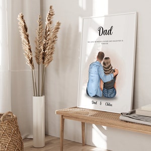 May include: A white framed print with a watercolor illustration of a father and daughter sitting back to back. The text reads "Dad, The love between a father and daughter is forever, Dad & Chloe".