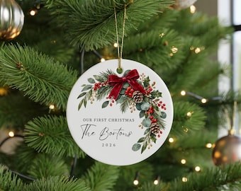 Our First Christmas Married Bauble, Personalised Surname Christmas Ornament, Newlywed Keepsake, Botanical Bow Tree Decoration