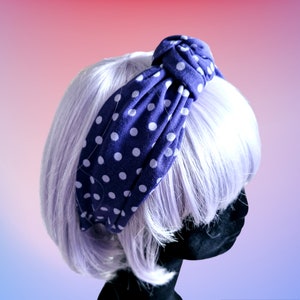 Purple polka dot knotted hairband, knotted headband, turban style hairband, an retro headband