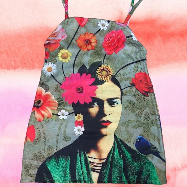 Upcycled Frida Kahlo Slip Dress, Pashmina Kleid, Pop Art Frida Kahlo Kleid