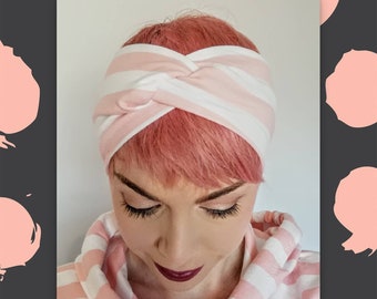 Pink and White Striped handmade headband, Extra wide twist headband, striped hairband, workout headband, striped headwrap