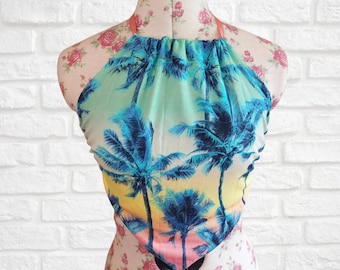 Tropical Upcyled bandana halter top, Backless halter top, Palm Tree festival vacation top