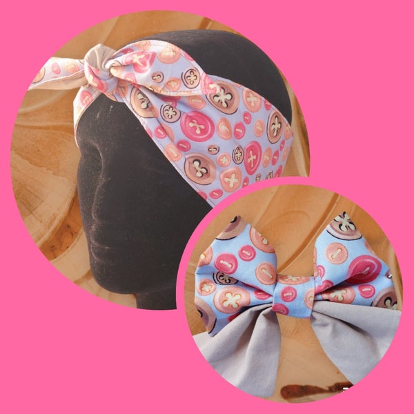 Matching headband and pet bowtie set, Button headband and pet bow set