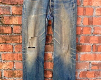 B32x29.5 Joe McCoy rödfärgad sliten denim