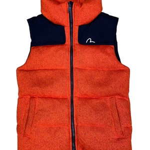 May include: Orange and navy blue puffer vest with a zipper closure and a small white logo on the chest.