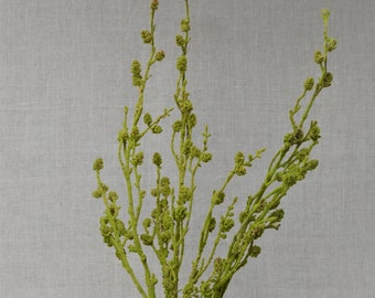 May include: A bunch of green faux branches with small green buds arranged in a clear glass vase. The branches are arranged in a vase on a light grey linen background.
