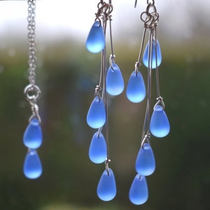 Forget-me-not Matt Blue Crystal Drops Dangle / Earrings / Necklace / Rain Drop Inspired / Simple Elegant Jewellery / Teardrop Shape