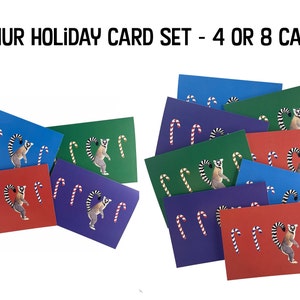 Juego de 4 u 8 tarjetas navideñas de lémures con sobres / Tarjetas de animales / Navidad / Dibujadas a mano
