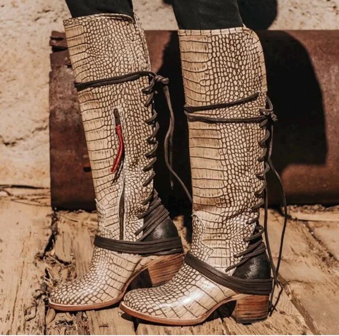 New Freebird by Steven Women Coal Beige Croco Cowboy Boots Size