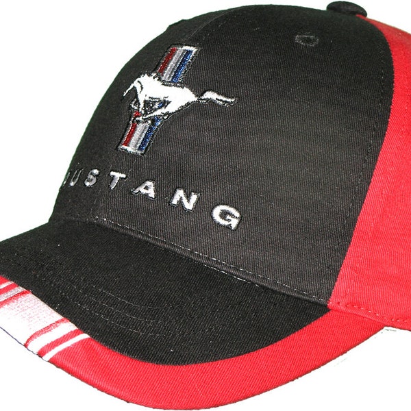 Ford Mustang Licensed Baseball Cap - Tri-Bar Pony Stripe Design, Red CF, Adjustable