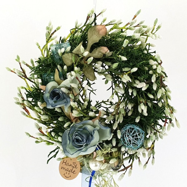 Real looking, artificial small wreath 20 cm diameter with many small willow kittens Salix Decorated with rose heads and ribbons