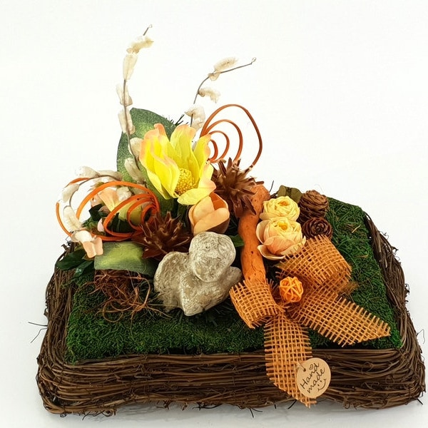 Grave decoration moss with vines book natural material artificial flowers exotic mix angel head commemoration cemetery