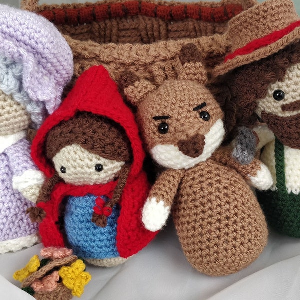 Little Red Riding Hood Grandma Hunter Big Bad Wolf Amigurumi crochet pattern basket house playable educational toys Montessori Fairy tales