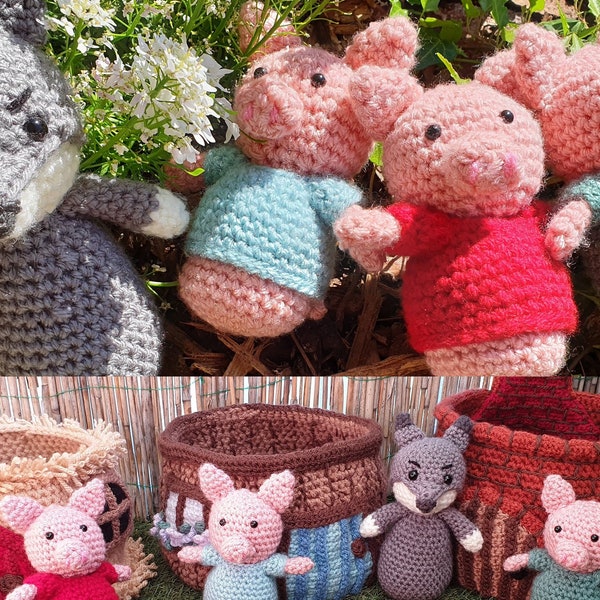 Trois petits cochons et le grand méchant loup Amigurumi crochet modèle empilable jouable panier maison jouets éducatifs Montessori Contes de fées