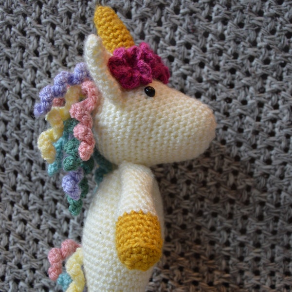 Unicorn Amigurumi colourfull curly hair and tail crochet toys pattern, girl boys toddler baby, gift plushies Montessori