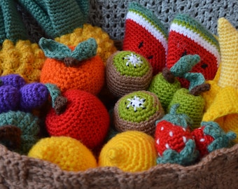 Fruit food basket amigurumi crochet toys pattern baby Montessori apple pineapple pear banana orange watermelon grape kiwi strawberry lemon