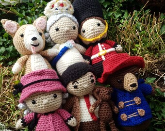 PATTERN ONLY United Kingdom London UK Queen Elizabeth Corgi  Kings Guard Mr Bean Bear Corchet pattern set