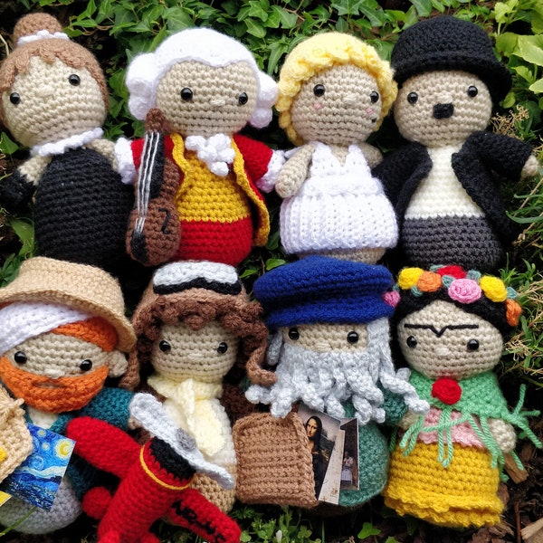 Iconic pioneer Amigurumi crochet PATTERN Audrey Hepburn Mozart Marilyn Monroe Charlie Chaplin van Gogh Amelia Earhart Vinci Frida Kahlo